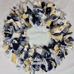HANUKKAH RAG WREATH 12" HANDMADE DOOR WALL DECORATION ONE OF A KIND GIFT